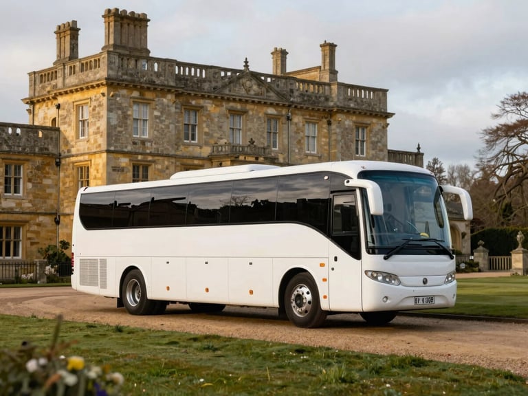 A modern white 24-seater coach parked near a historic stone manor house in the UK countryside, soft golden hour lighting, 35mm