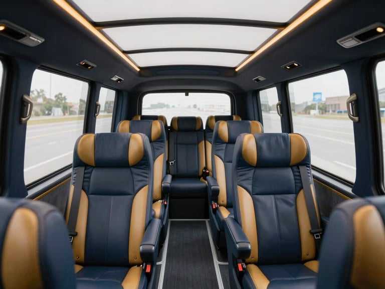Pristine interior of a luxury touring coach with leather seats and panoramic windows, soft daylight, deep navy and gold tones, crisp architectural framing, 35mm