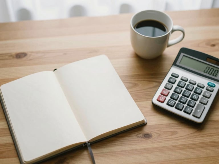 Overhead flat-lay of a clean wooden desk with a neat notebook, a ceramic coffee cup, and a classic calculator in soft morning window light