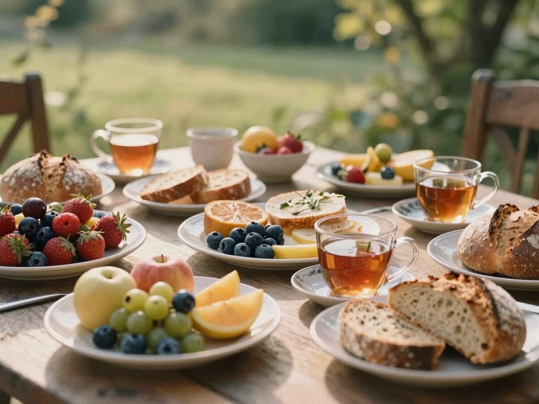 A rustic breakfast spread with fresh fruits, local breads, and herbal tea, golden hour light, wide framing, soft natural daylight.