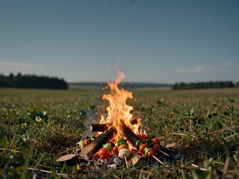A crackling bonfire with skewers of fresh vegetables and local spices, under a starry night sky, wide cinematic framing, warm editorial photography.
