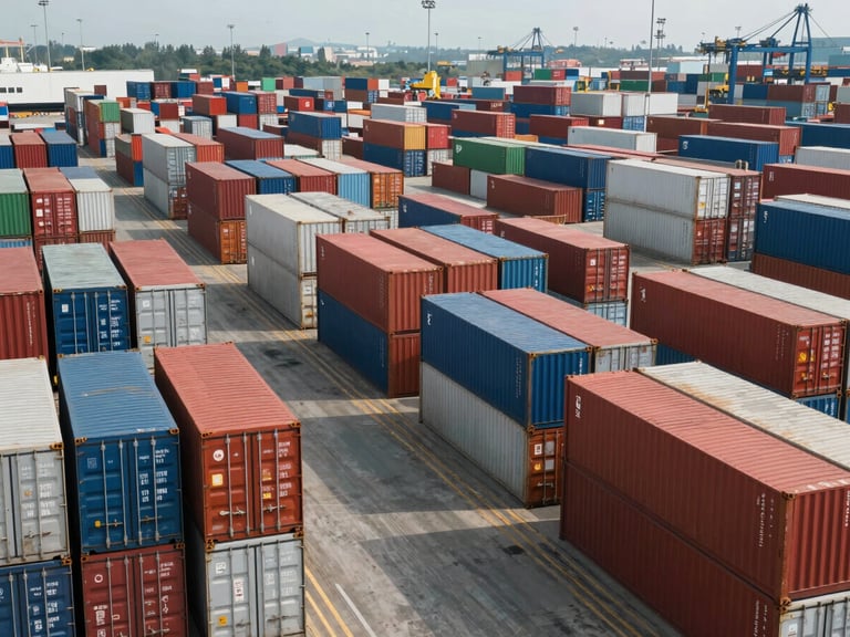 Wide environmental shot of a busy industrial shipping terminal, rows of stacked multi-colored shipping containers stretching to the horizon under hard daylight.