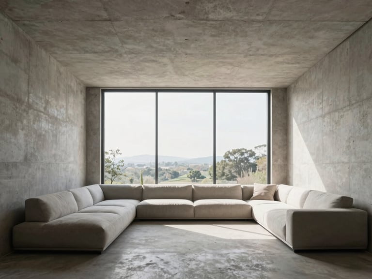 Wide-angle architectural shot of a minimalist living room in Puebla, concrete walls, high ceilings, natural daylight flooding from a massive window, clean lines