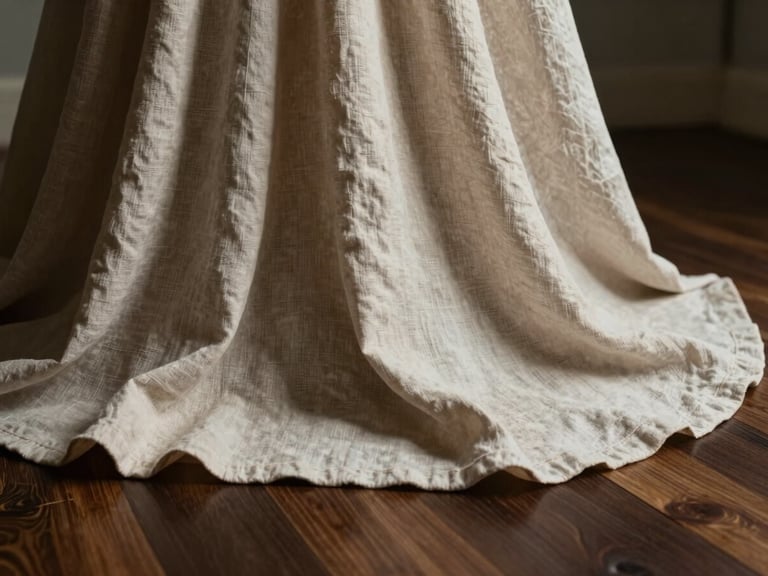 Close-up of high-end linen drapery falling in perfect waves onto a dark oak floor, soft directional morning light, quiet luxury aesthetic