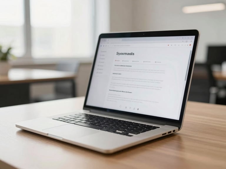 Modern professional working on a laptop, clean UI design on screen, natural office light, warm tones, shallow depth of field
