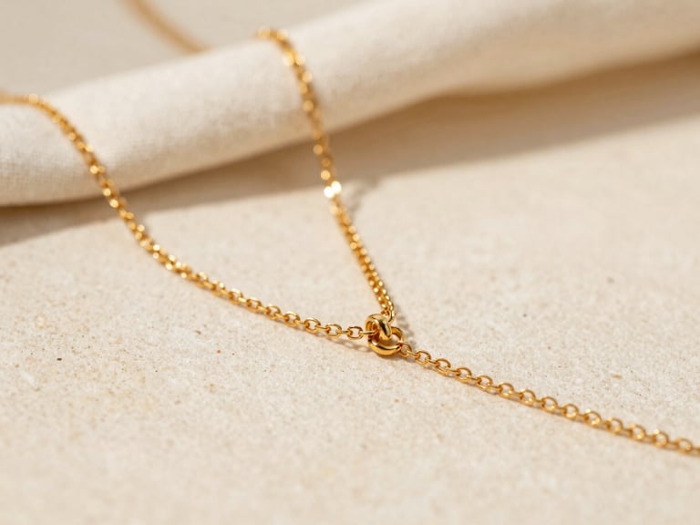 Macro editorial photography of a delicate gold-plated chain resting on a warm stone surface, soft diffused daylight, warm cream tones, shallow depth of field, 35mm
