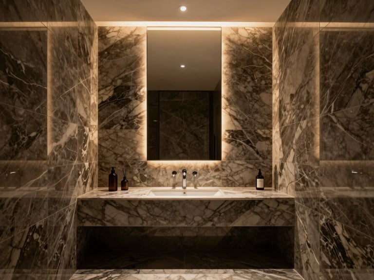 Straight-on architectural photography of a minimalist luxury bathroom, custom marble tile walls, warm interior accent lighting, sharp focus.