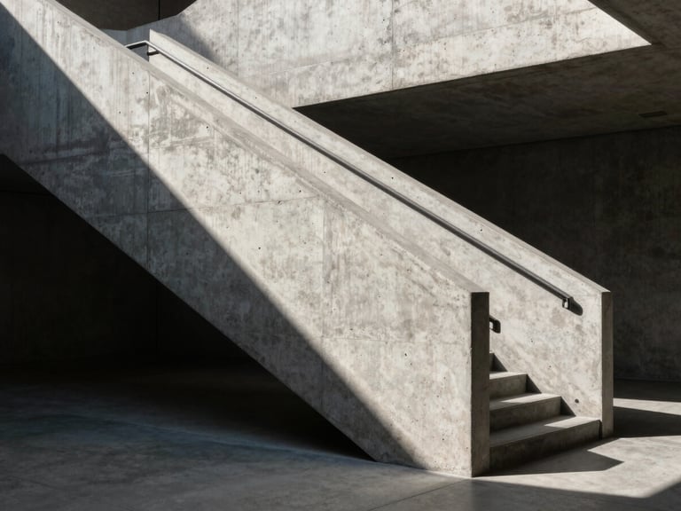 Tight geometric crop of a clean architectural concrete staircase with dramatic side-lighting and sharp shadows, representing structure and precision.