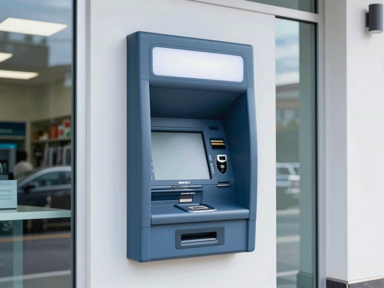 An ATM machine installed in a modern, brightly lit retail store next to a clean glass storefront, 35mm lens, corporate blue tones