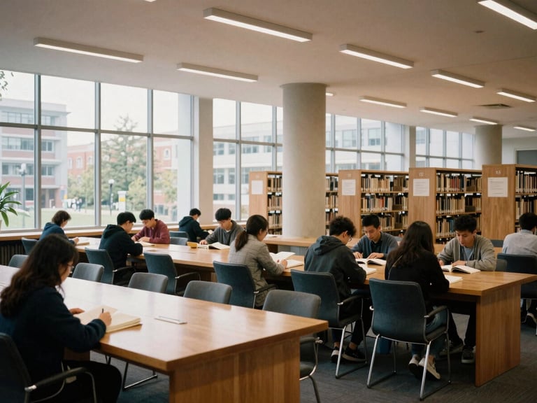 Wide panoramic shot of a modern university library with warm window light illuminating students reading at long oak tables, 35mm, editorial photography.
