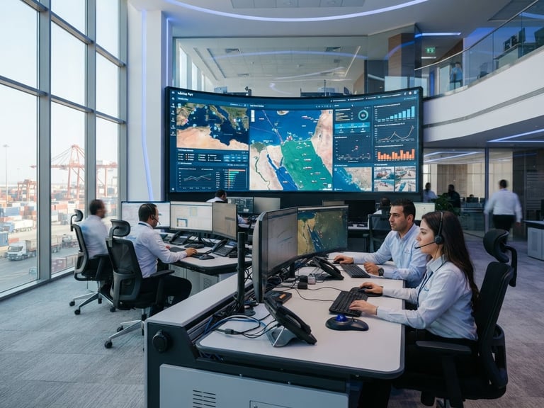 Crisp corporate photography of a modern Egyptian logistics hub control room, clean daylight with cool blue accents, professional tech environment, sharp focus, 35mm