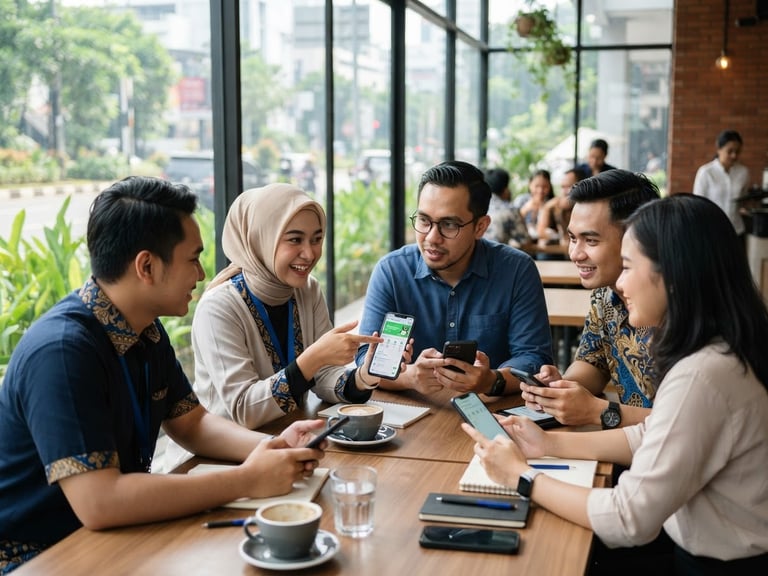 A group of Indonesian Pioneers in a bright, modern cafe in Jakarta, discussing local utility applications on their smartphones, natural daylight, professional photography.