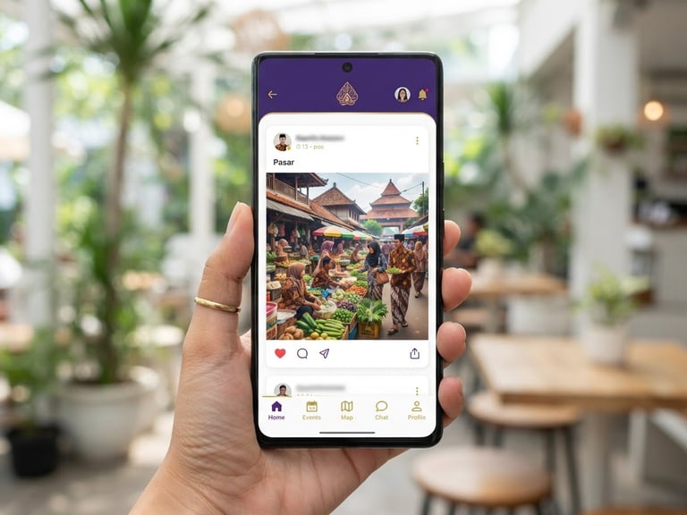 Bright professional photography, clean mobile phone screen showing a verified local Indonesian community app, royal purple and gold accents, natural daylight