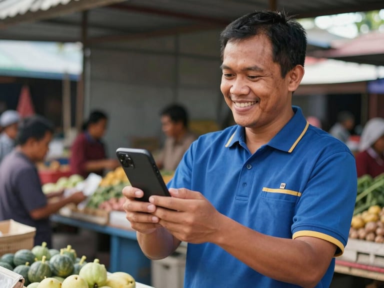 Indonesian local market merchant smiling, showing a mobile phone transaction under natural daylight, authentic community atmosphere