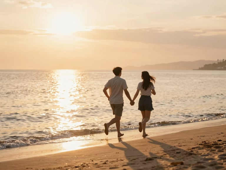 Cinematic wide shot of a couple running hand-in-hand along a golden beach at sunset, warm water reflections, soft natural lens flare.