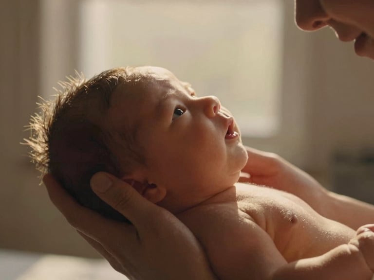 Close-up cinematic shot of hands gently holding a newborn baby, warm sun-drenched backlight filtering through a window, shallow depth of field.
