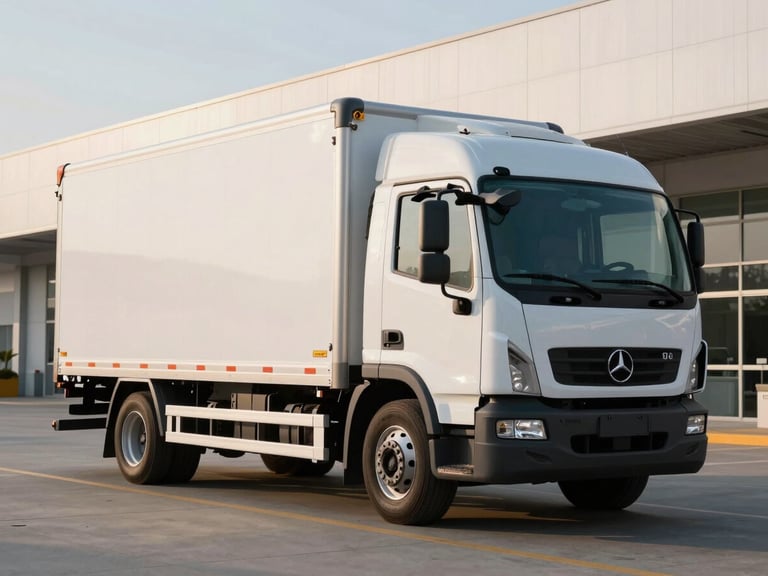 A clean white logistics delivery truck parked outside a modern distribution center at sunrise, sharp shadows, professional corporate lighting.