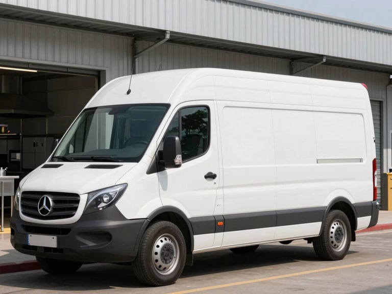 Medium shot of a modern, clean white logistics delivery vehicle with professional branding parked outside a commercial kitchen under bright daylight, sharp focus on the structured and secure food delivery process.