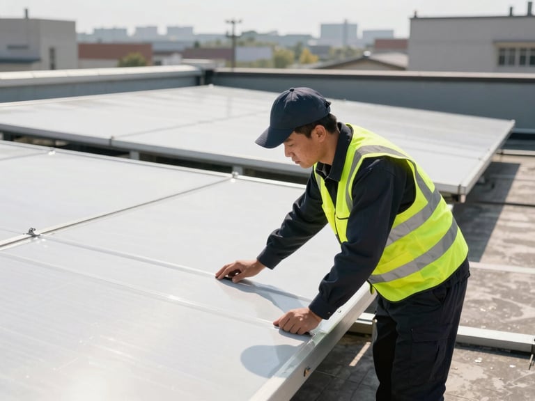 A clean commercial rooftop in bright daylight, a professional technician in a dark uniform and yellow safety vest inspecting a newly sealed white membrane surface, sharp details.