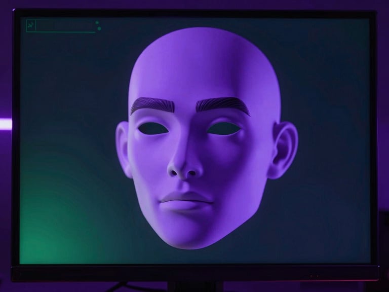 Macro shot of a rigged 3D avatar facial mesh on a glowing monitor, high-contrast purple ambient light, cyber-punk aesthetic