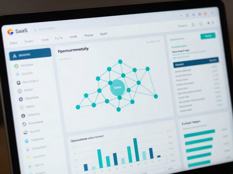 Extreme close-up of a high-fidelity SaaS dashboard interface showing complex procurement data flows, tech-teal node graphs, and spend categorization metrics under sharp cool-toned studio lighting.