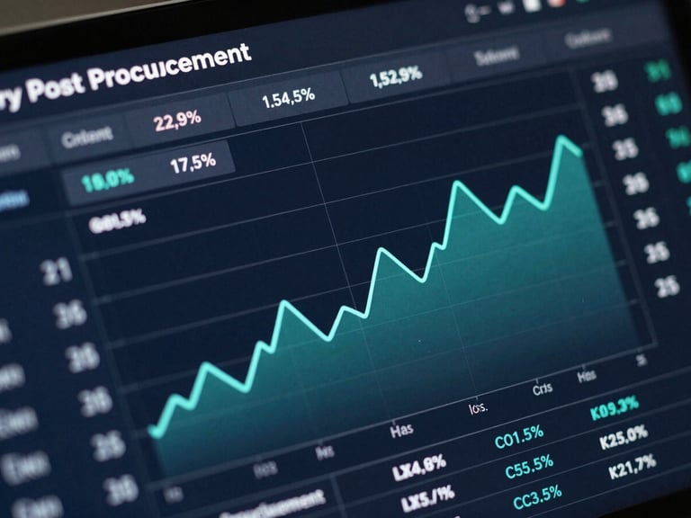 Extreme close-up of a modern procurement dashboard interface, high-contrast data tables showing contract leakage percentages, clean teal line graphs, dark navy grid lines, cool analytical lighting.