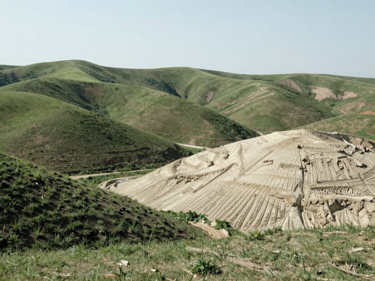 Wide environmental landscape shot of raw land plot, rolling hills, soft natural daylight, sharp focus, 35mm lens