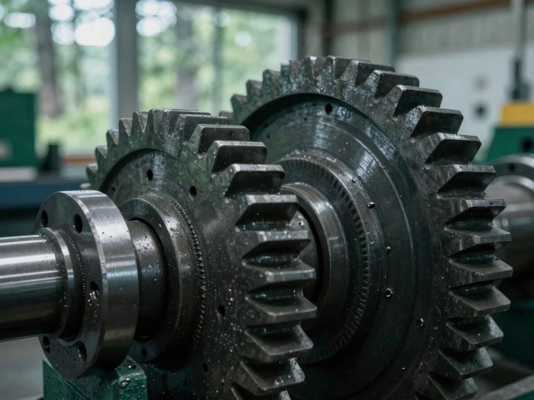 Macro close-up of heavy-duty steel cutting drums and raw metal gears in a cool-toned Bavarian assembly hall, sharp details, 35mm