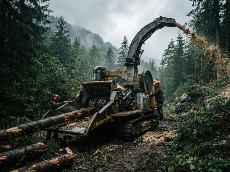 Low-angle heroic wide shot of a massive Silvator wood chipper in an overcast Bavarian forest, cold steel tones, sharp details, 35mm