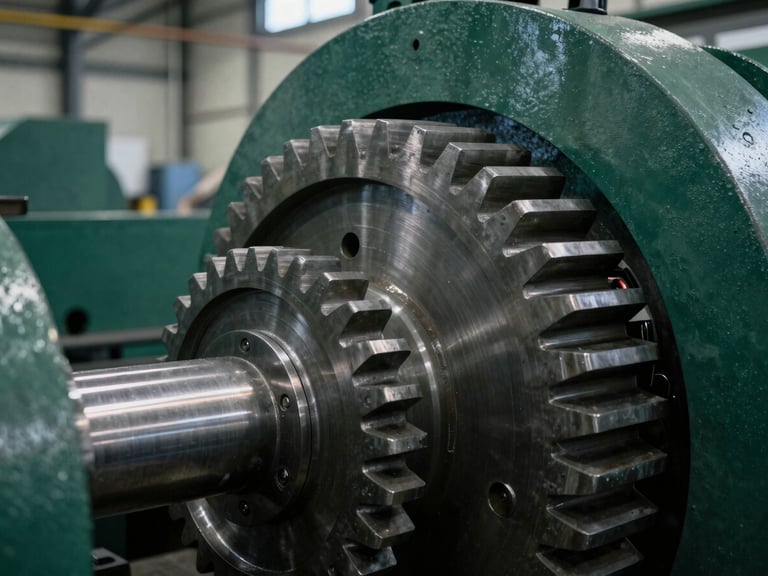 Macro close-up of a heavy-duty steel cutting drum and massive gears inside the aback maschinenbau assembly hall, cold steel tones, sharp details, 35mm