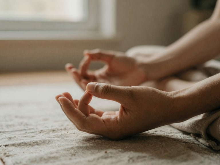 A close-up of hands resting in a quiet dhyana mudra on linen fabric, soft morning window light, warm earth tones, shallow depth of field.