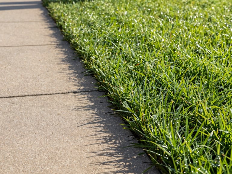 Close-up of freshly edged concrete pathway next to a vibrant, healthy lawn at a commercial property, dew on grass, low-angle, sharp focus, 35mm