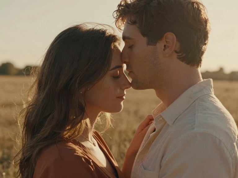 Cinematic medium close-up of a couple embracing silently with eyes closed in a warm sun-drenched outdoor field, golden backlight casting a soft glow, 35mm style.