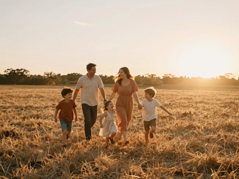 Warm sun-drenched outdoor field at golden hour, a family laughing and running together, backlit with soft cinematic flare, 35mm film style.