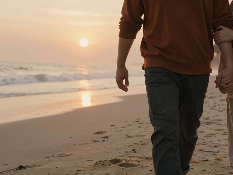 An intimate close-up of a couple walking along a foggy beach at sunset, warm low-angle light reflecting on the sand, holding hands gently.