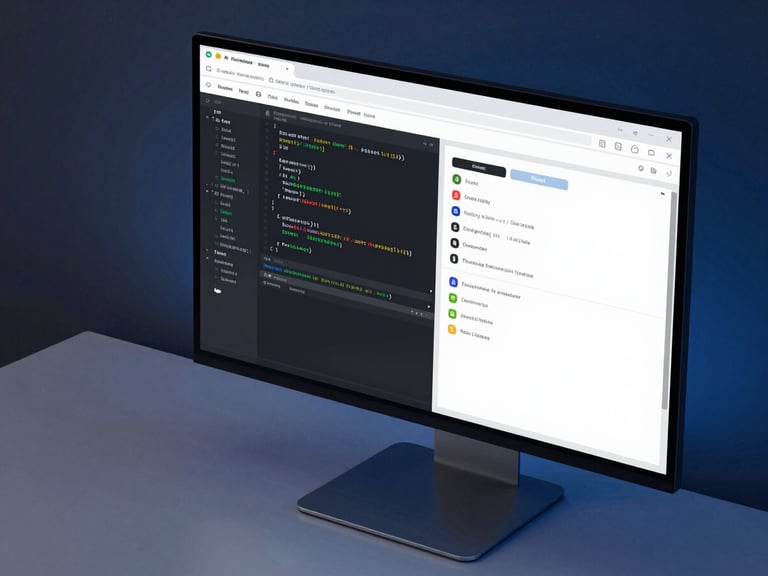 Sharp isometric view of a dark-mode web development environment on a high-end monitor, displaying clean React code alongside a modern dashboard interface, cool blue ambient backlighting, crisp focus.