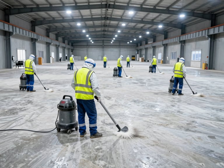 Wide shot of a professional cleaning crew in high-visibility vests and PPE, using industrial vacuums and equipment to clean a large, newly constructed concrete floor in a factory, under bright work lights.