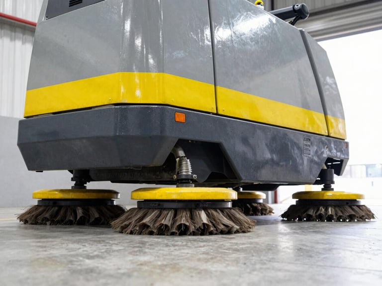 Close-up, low-angle shot of a large industrial floor scrubber machine with safety yellow accents in a warehouse, actively cleaning a concrete floor, high-contrast lighting.
