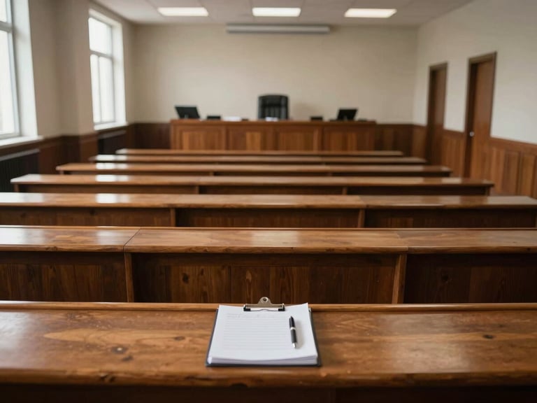 Environmental wide shot from the back of an empty courtroom, wooden benches receding toward a judge's bench at the far end, afternoon light cutting through narrow windows on the left wall, a single legal notepad and pen resting on the nearest bench — no people, quiet and specific