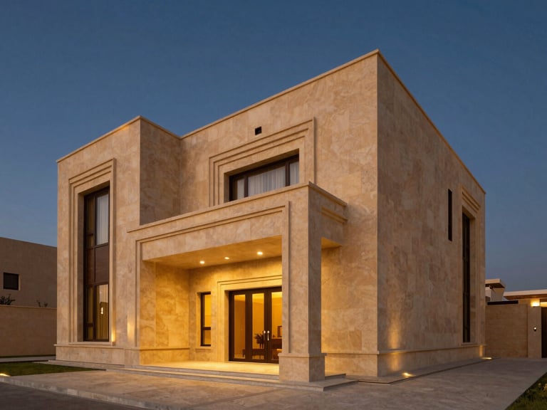Wide angle architectural exterior of a luxury modern villa facade, clean lines, warm sand-gold stone, integrated lighting, dusk sky, Riyadh