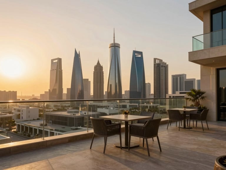 Luxurious penthouse apartment terrace at sunset, outdoor seating, glass railings, Riyadh skyline in the background, warm golden-hour light.