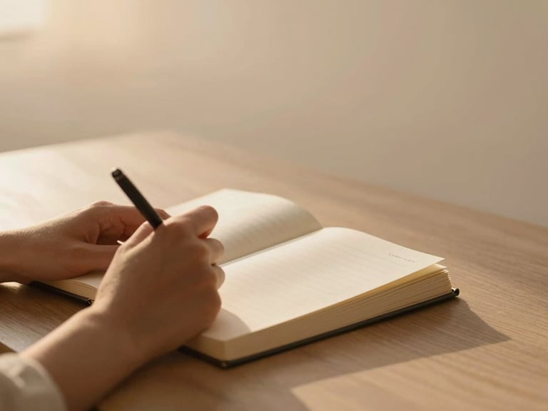 A person's hands writing in a minimalist journal next to an open book, golden hour light, quiet reading nook, warm earthy pastel tones.