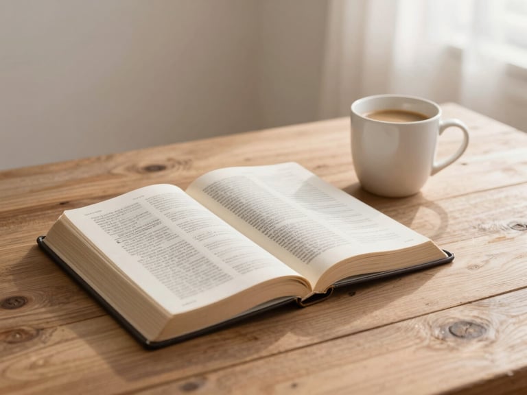 An open thick study bible on a rustic wooden table next to a warm mug of milky coffee, soft morning light, warm earthy pastel tones, wide angle.