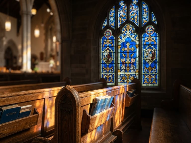 Bright editorial photography of warm sunlight filtering through a stained glass window onto wooden church pews, royal blue and gold accents, soft focus, shallow depth of field