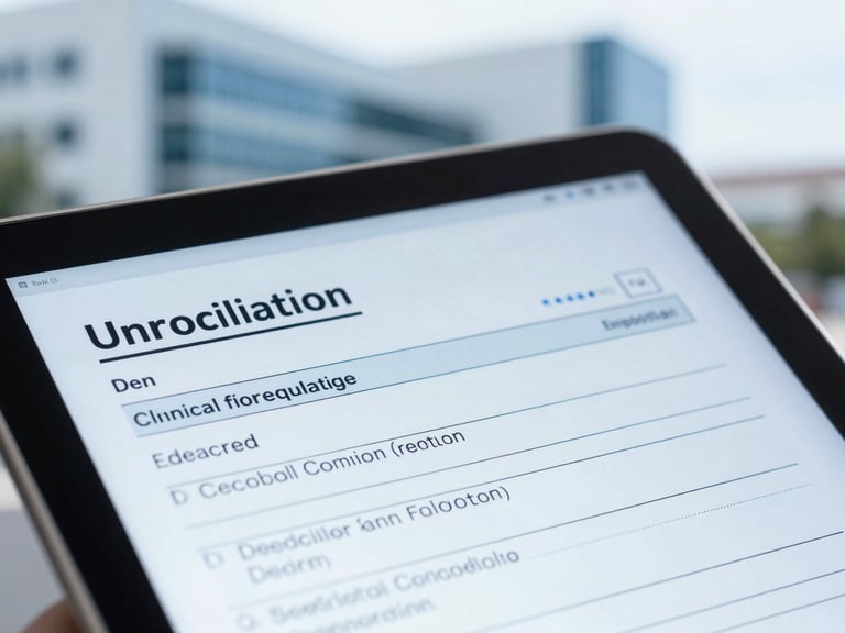 Macro close-up of a secure tablet displaying clinical notes, with a blurred modern medical facility in the background, cool daylight, sharp focus.