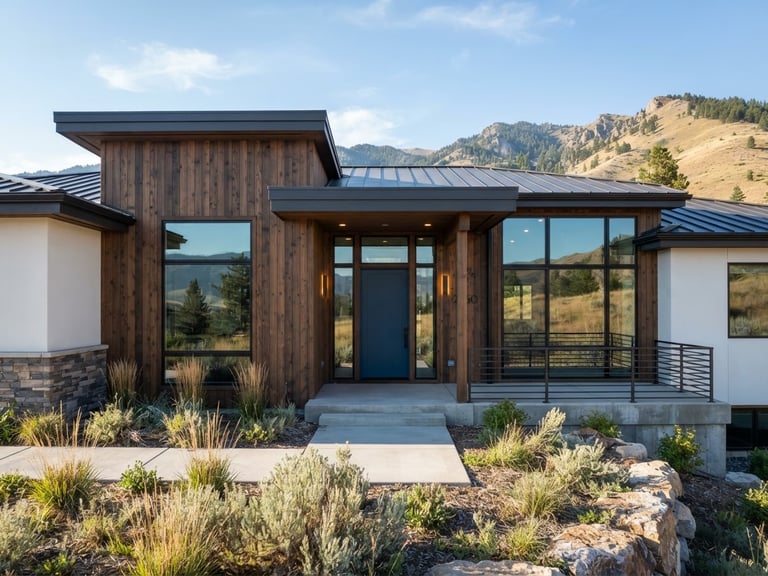 Crisp modern residential exterior in Idaho, clean architectural lines, bright natural afternoon sunlight, sharp focus