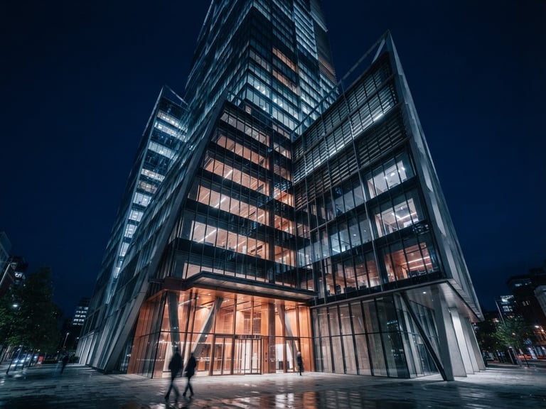 Wide-angle architectural perspective of a modern steel and glass commercial structure, sharp geometric shadows, cool blue low-key lighting with warm copper reflections, 35mm.