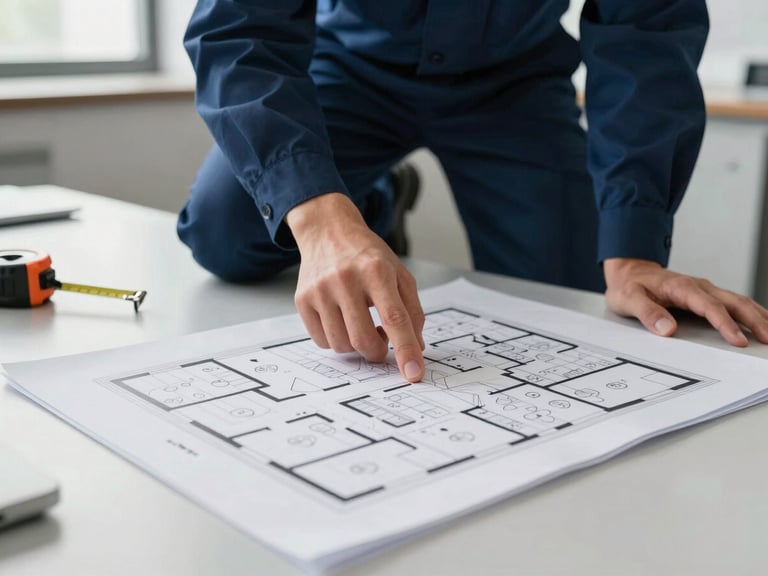 Close-up wide shot of a uniformed crew member kneeling beside a floor plan printout spread on a table, natural office daylight, hand pointing to a room layout detail, measuring tape visible beside the document, neutral background