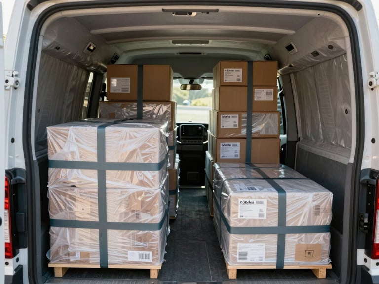 Interior of a moving van showing neatly arranged wrapped furniture secured with straps against padded walls, organized rows of labelled boxes stacked to ceiling height, natural daylight from open van doors in background