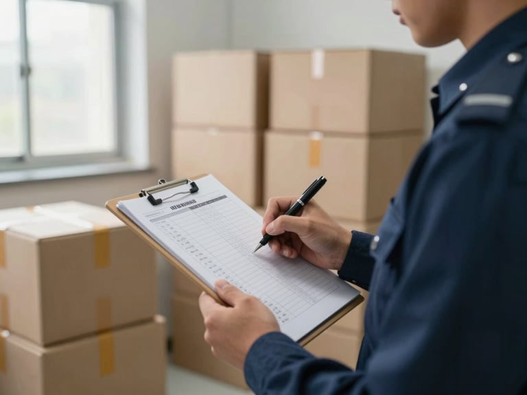 Uniformed crew member holding a clipboard with an inventory checklist, standing in front of stacked organized boxes in a clean room, natural window light from the left, detail shot showing pen marking items on the list